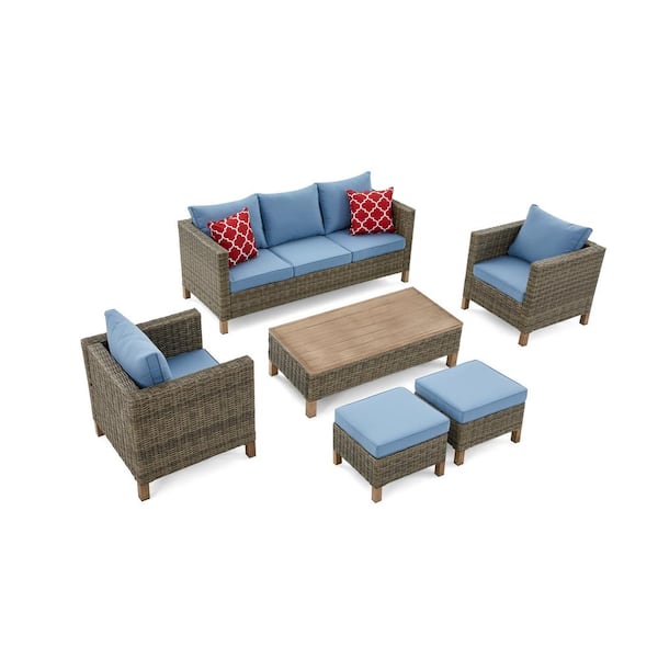 6-Piece Wicker Patio Conversation Set with Blue Cushions