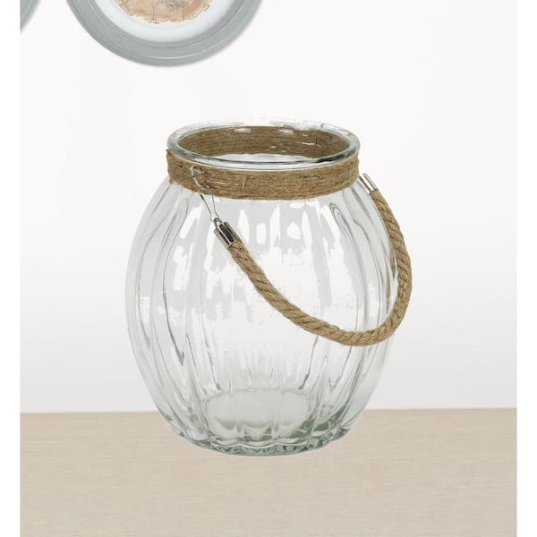 HomeRoots Victoria 9.5 in. Clear and Brown Textured Oval Glass Jar with Rope