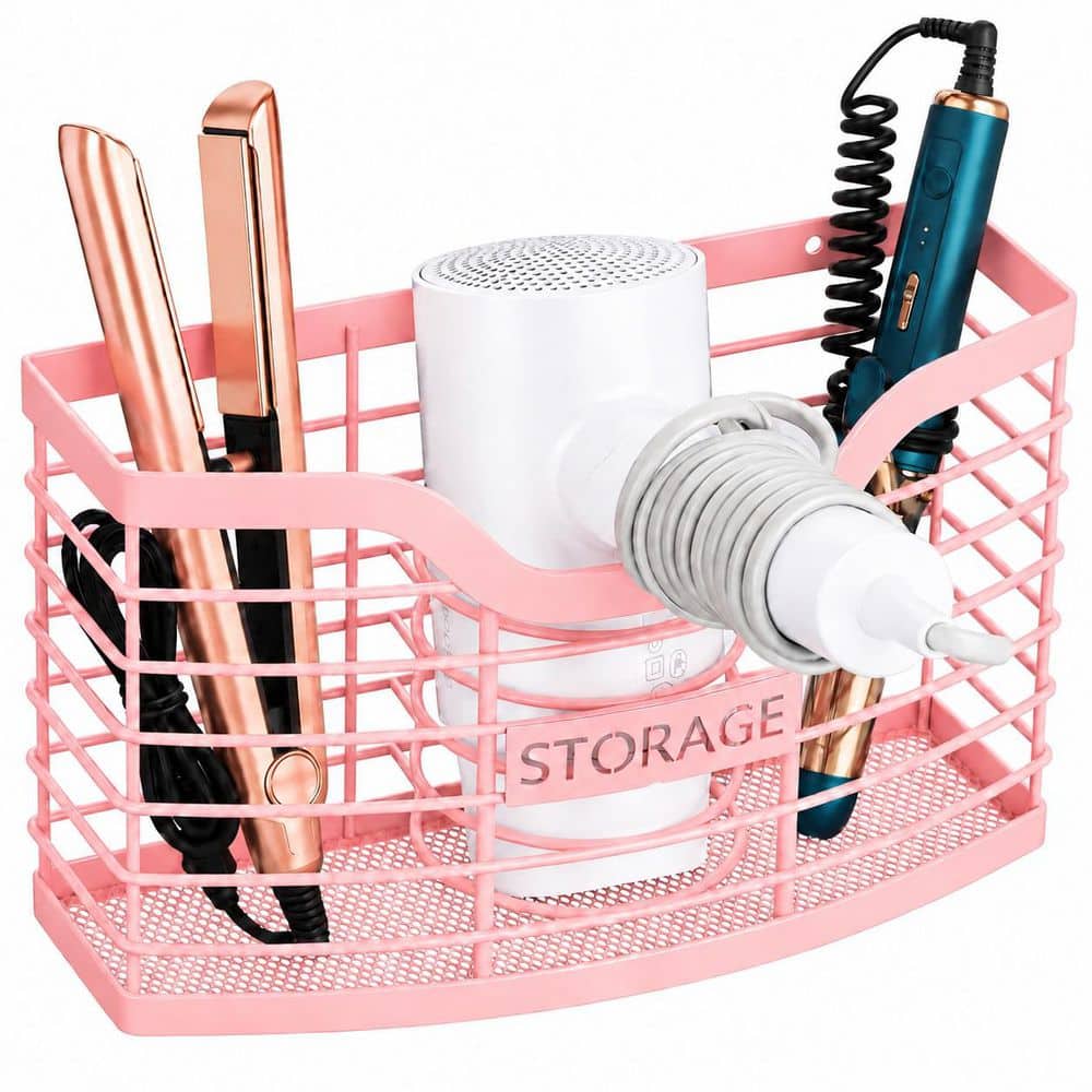 3 in. Wall Mount Hair Tool Organizer in Pink Stainless Steel Hair Dryer Holder for Bathroom Vanity