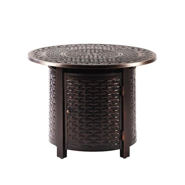 34 in. Round Aluminum Outdoor Propane Fire Table with Fire Beads, Lid and Covers in Copper