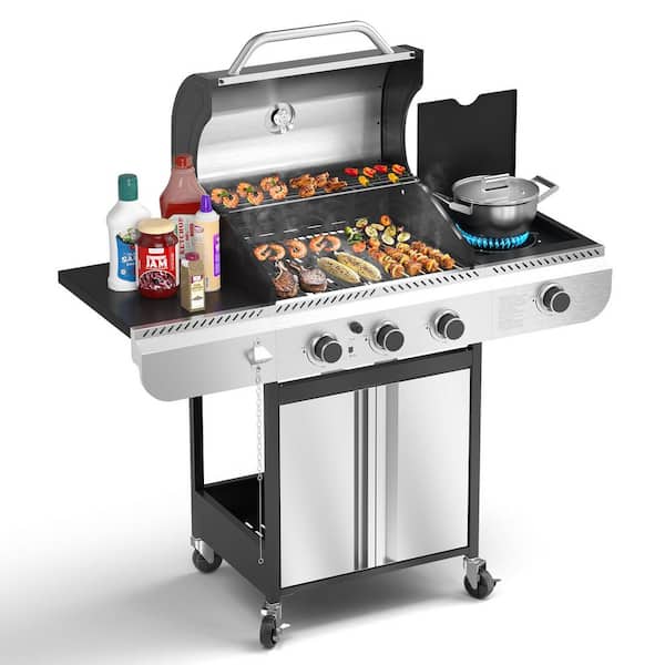 4-Burner Propane Gas Grill with Side Burner Portable Stainless Steel BBQ Outdoor Stovetop, 42,000 BTU