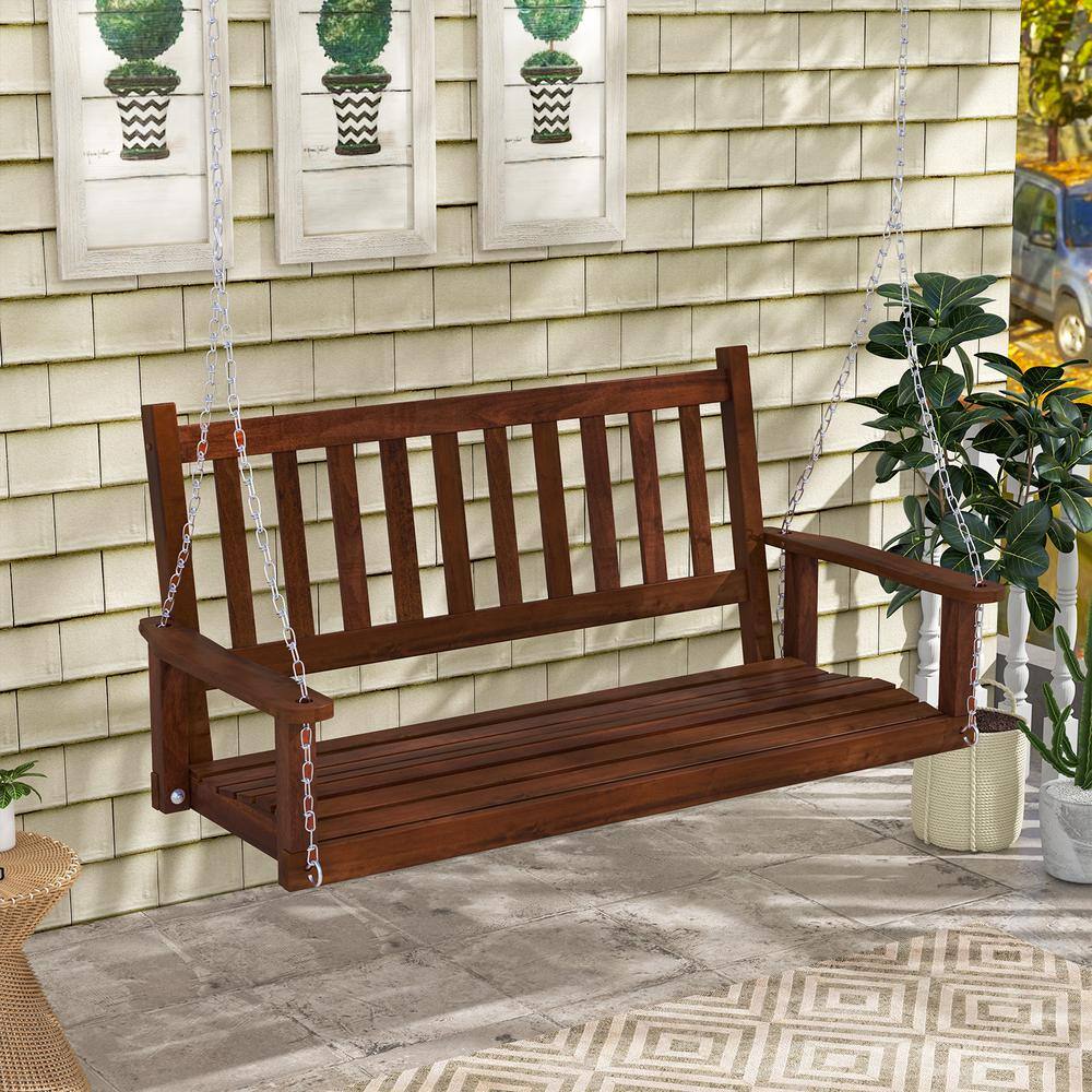 Brown Poplar Wood 3-Person Outdoor Porch Swing with Metal Chains