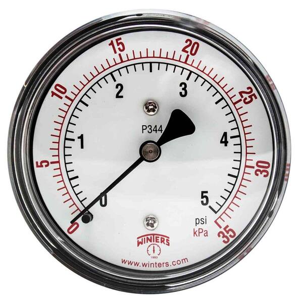 Winters Instruments PLP Series 2.5 in. Steel Case Pressure Gauge with Brass Internals and 1/4 in. NPT CBM with Range of 0-5 psi/kPa