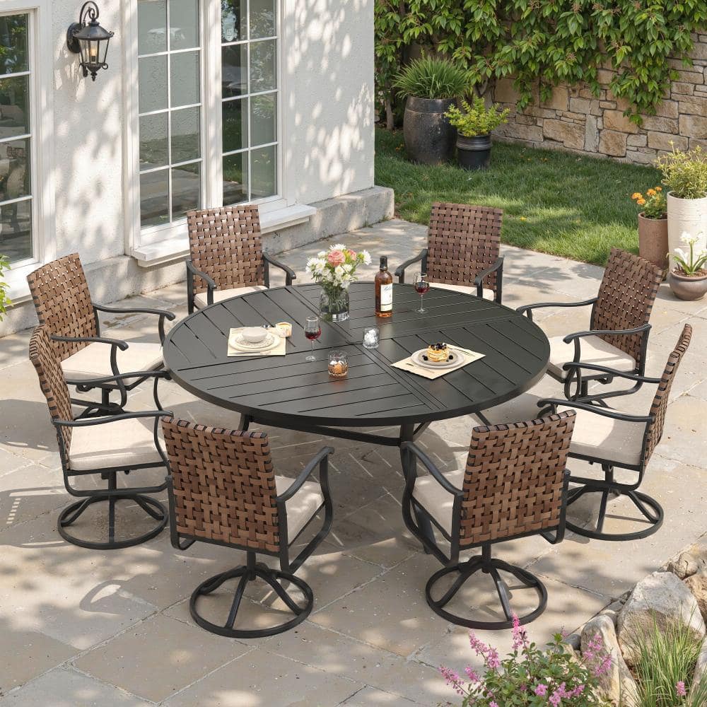 9-Piece Metal Outdoor Patio Dining Set with 8 Swivel Wicker Chairs, Beige Cushions and 63 in. Black Round Table price history on PriceWatchPro
