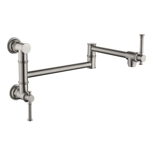 Modern Brass Pot Filler Two-Attachment Wall Mount Folding Kitchen Pot Filler Swing Arm in Brushed Nickel