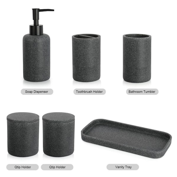 ZCCZ - Black Bathroom Accessories Set 6 Pcs - Toothbrush Holder, Lotion  Soap Dispensers, 2 Qtip Holder Dispenser, Vanity Tray, Bathroom Tumbler 