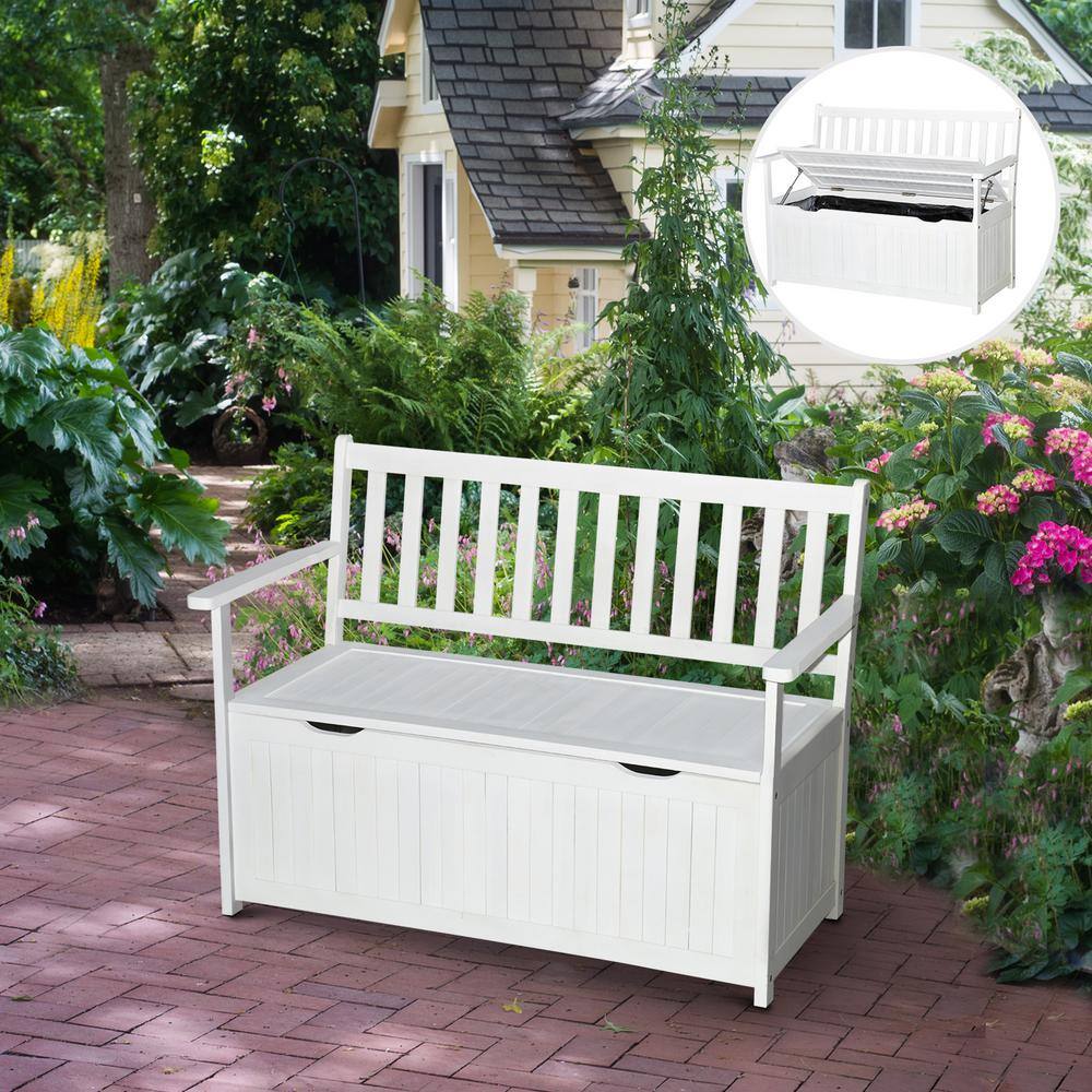 White Acacia Wood Outdoor Storage Bench with Waterproof Lining