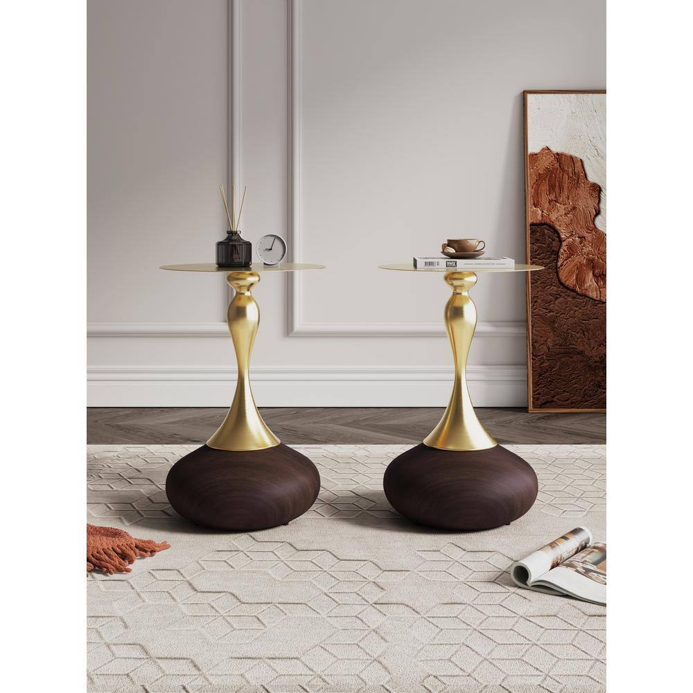 Set of 2 Gold and Brown Wood Round Accent Tables