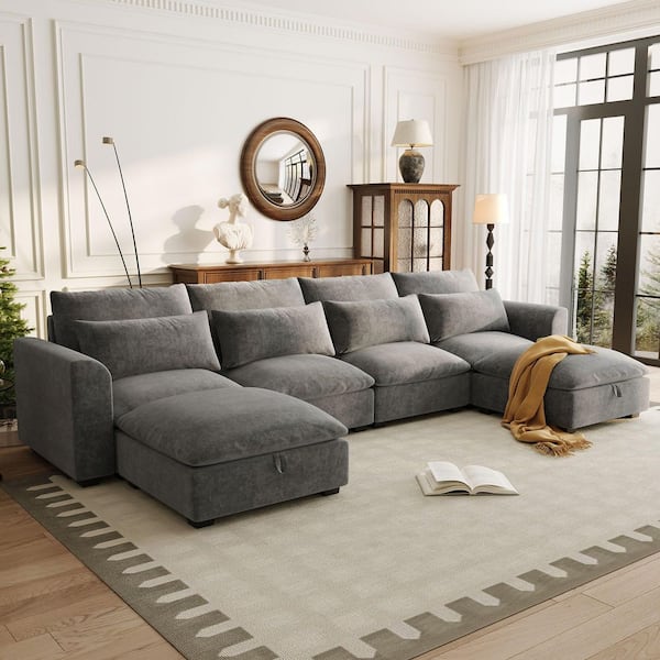 Odette 131.9 in. 6-Piece Upholstered Linen Blend Modular Sectional Sofa in Gray with Storage Ottomans