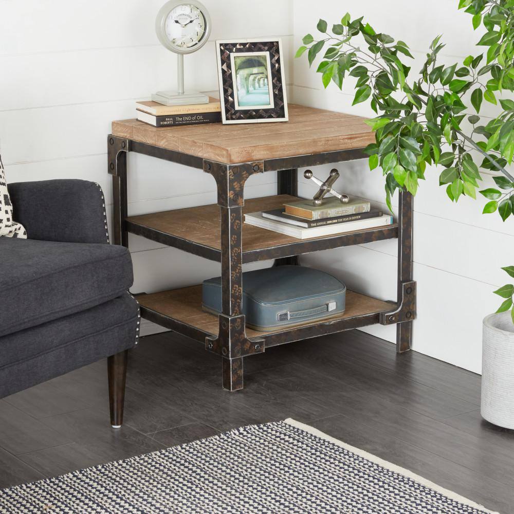 Industrial Brown Fir Wood and Metal 3-Tier Accent Table