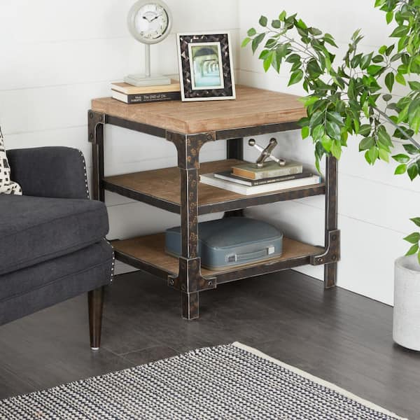 26 in. Brown 2 Shelves Large Square Wood End Accent Table