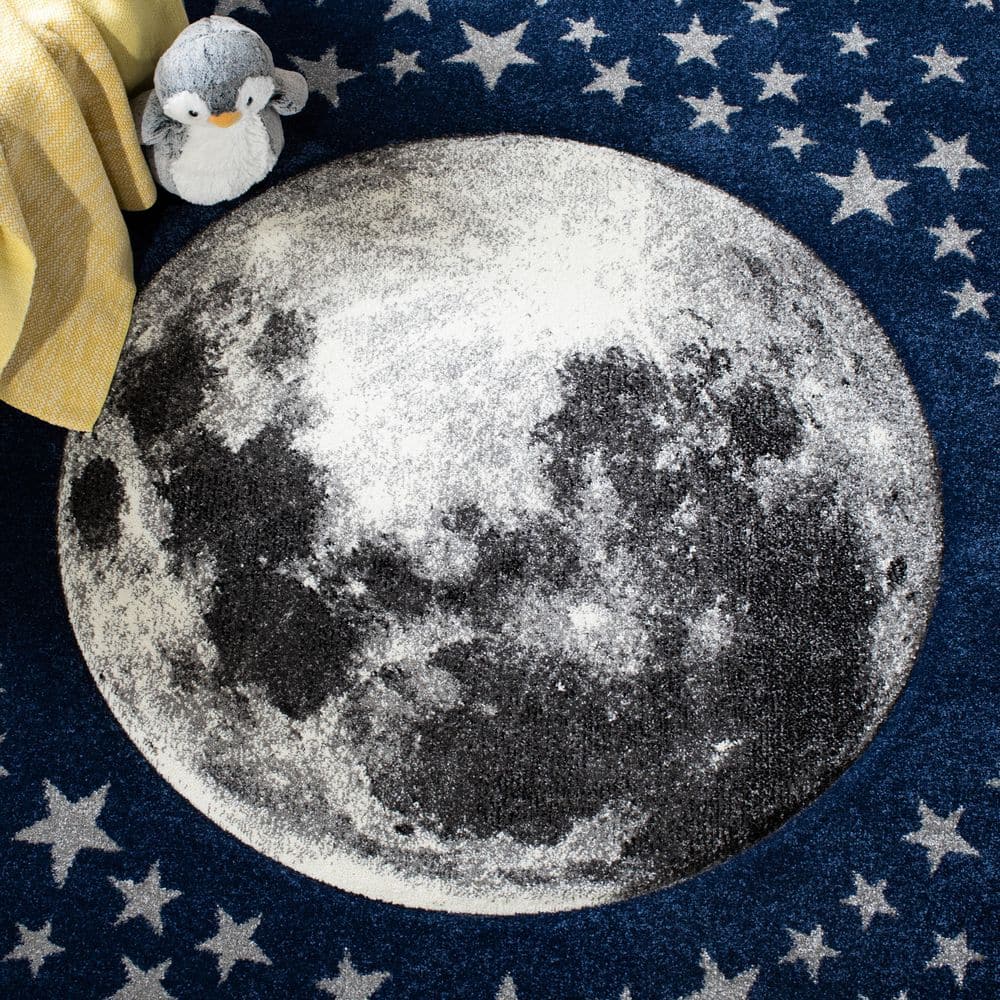Starry Night Synthetic Round Kids Rug in Navy & Gray - Non-Slip and Stain-Resistant