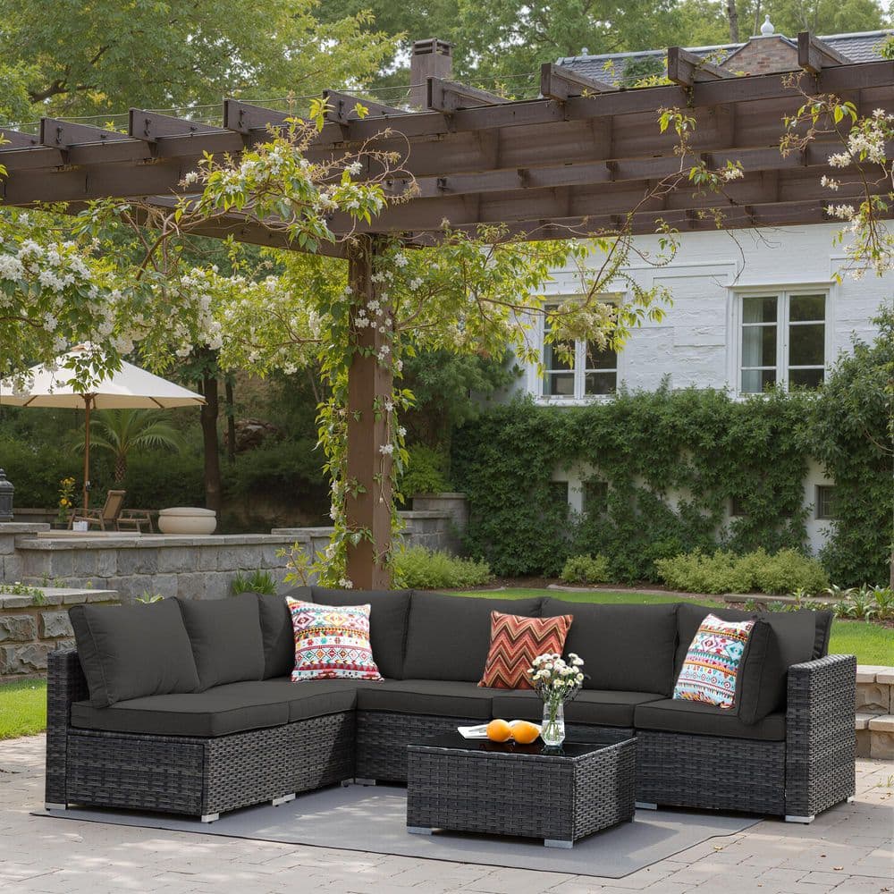 Hoppie Gray 7-Piece Wicker Outdoor Sectional Set with Black Cushions price history on PriceWatchPro