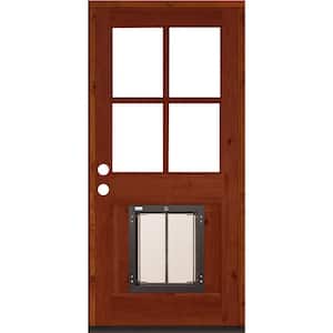 32 in. x 80 in. Knotty Alder Right-Hand/Inswing 4-Lite Clear Glass Red Chestnut Stain Wood Prehung Front Door w/Dog Door
