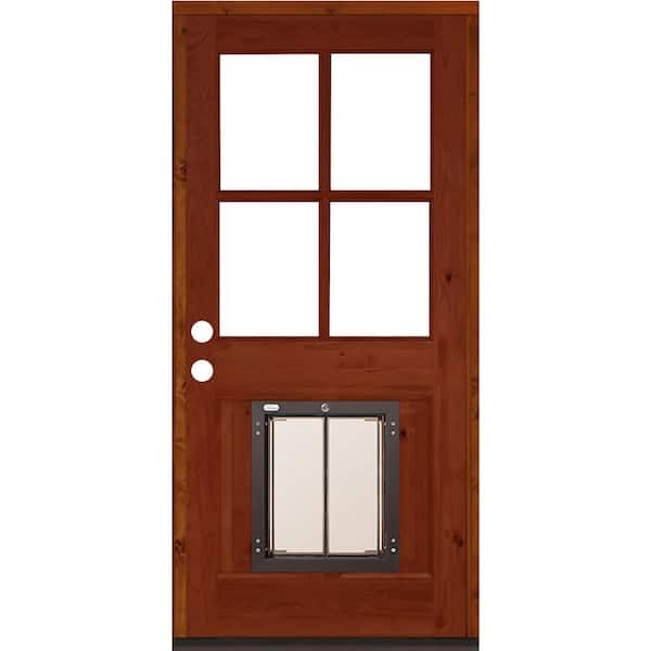 Krosswood Doors 32 in. x 80 in. Knotty Alder Right-Hand/Inswing 4-Lite Clear Glass Red Chestnut Stain Wood Prehung Front Door w/Dog Door