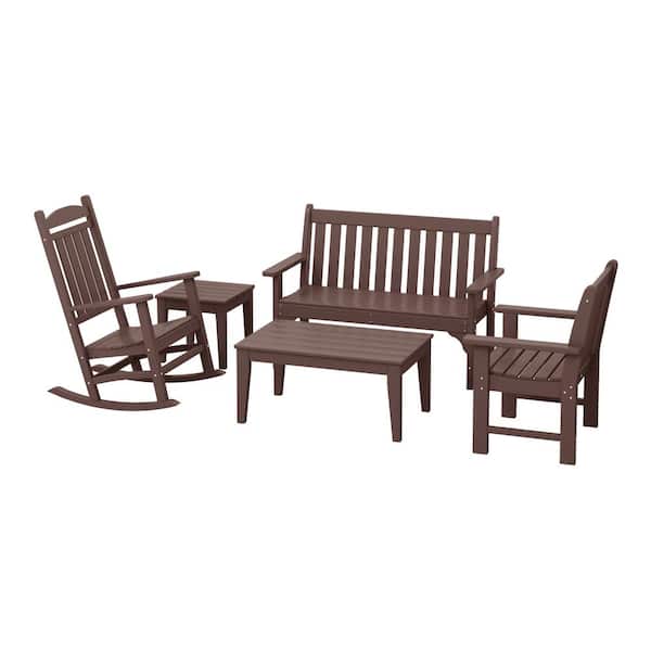 Laguna Outdoor Patio HDPE All Weather Fade Resistant 5-Piece Bench and Rocking Chair Conversation Set in Dark Brown