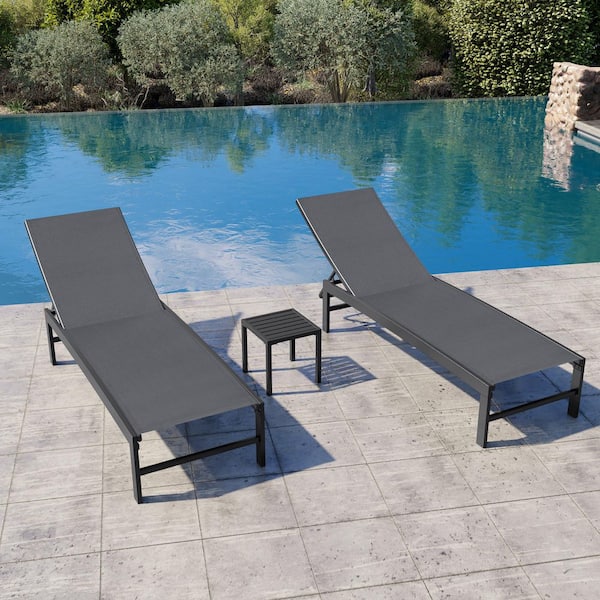 Crestlive Products 3-Piece Dark Gray Metal Stackable Outdoor Leisure Chaise Lounge with Square Side Table
