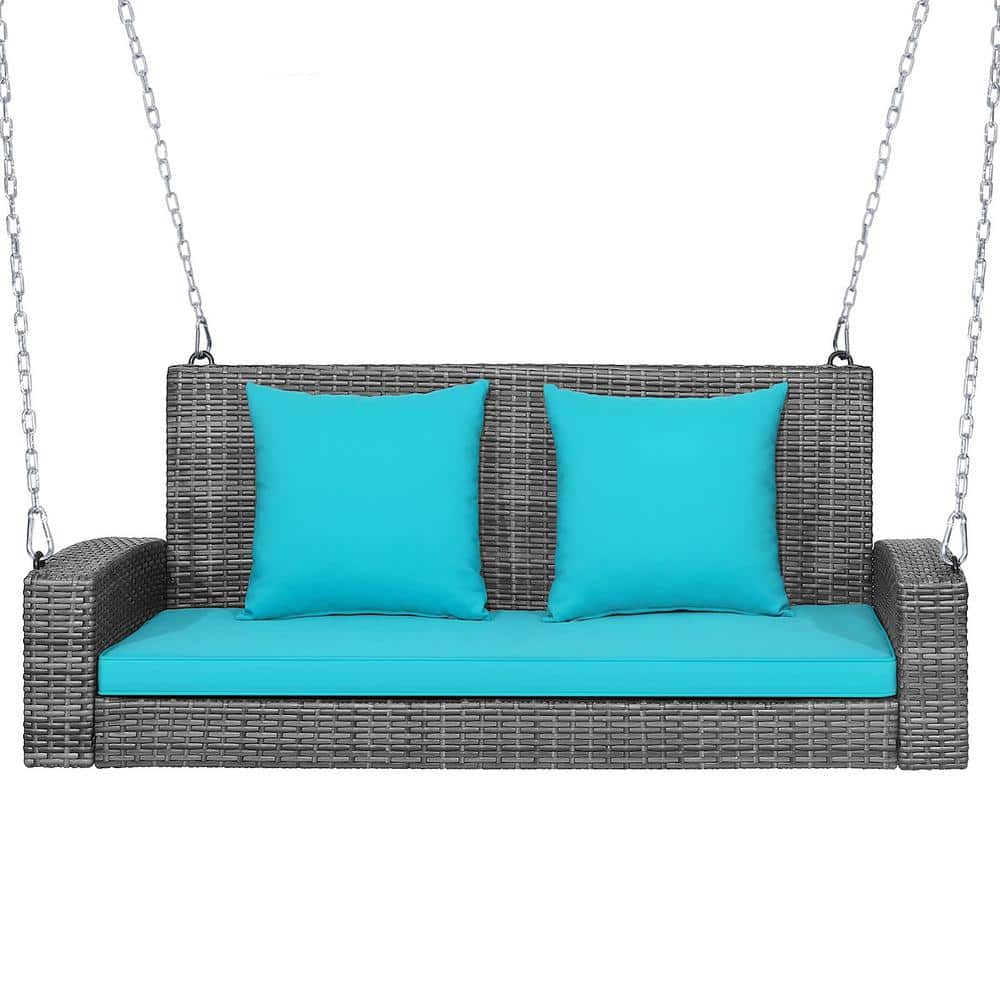 Turquoise Cushioned 2-Person Gray Wicker Patio Porch Swing