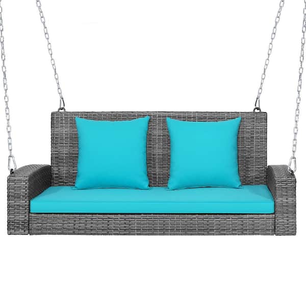WELLFOR 2-Person Gray Wicker Outoor Patio Porch Swing with Turquoise Cushions
