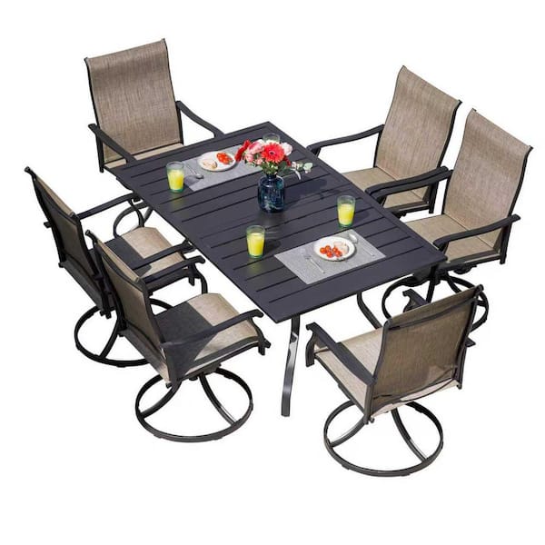 7-Piece Metal Rectangular Outdoor Patio Dining Set with 6-Swivel Textilene Chairs and 1.97 in. Umbrella Hole