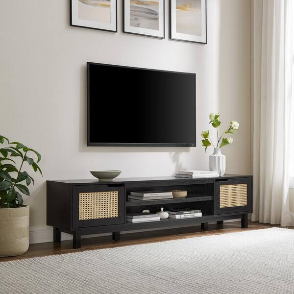 Reviews for Welwick Designs 70 in. Black Wood Modern TV Stand with 2 Faux Rattan Doors Fits TVs up to 80 in. Pg 1 The Home Depot