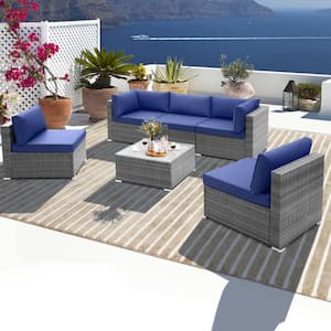 6-Piece Wicker Outdoor Sectional Set with Navy Cushions and Tempered Glass Coffee Table