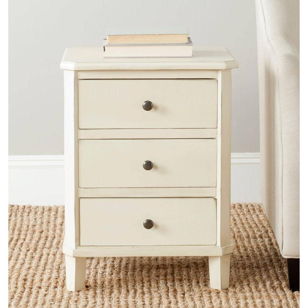 Transitional White Wood & Metal Nightstand with 3 Storage Drawers