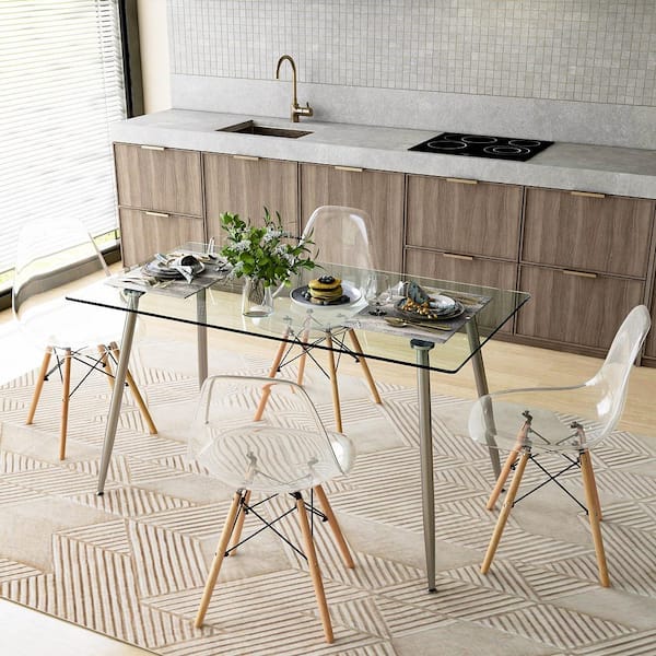 5-PCS Dining Table Set 51 in. Modern Rectangular Glass Table and 4 Chairs Kitchen