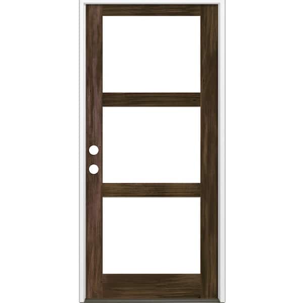 Krosswood Doors 42 in. x 96 in. Modern Hemlock Right-Hand/Inswing 3-Lite Clear Glass Black Stain Wood Prehung Front Door