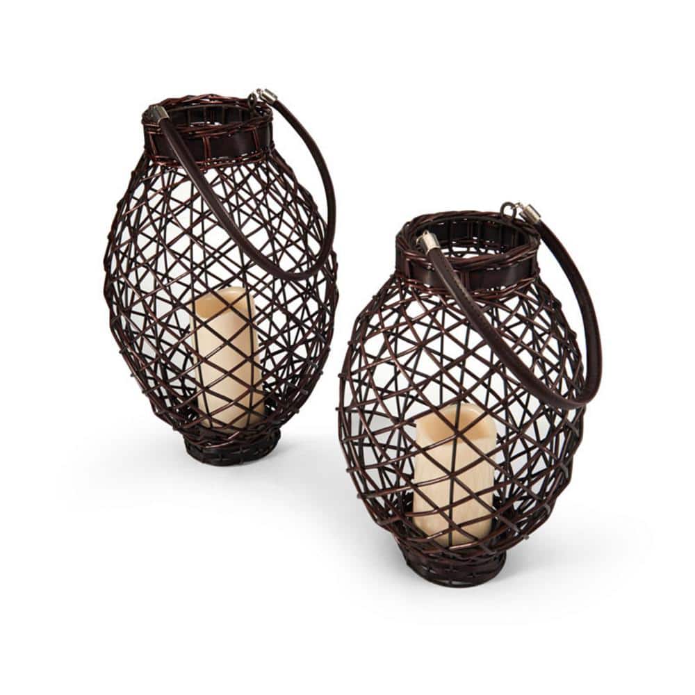 Dark Brown Wicker Hanging Candle Lantern Set