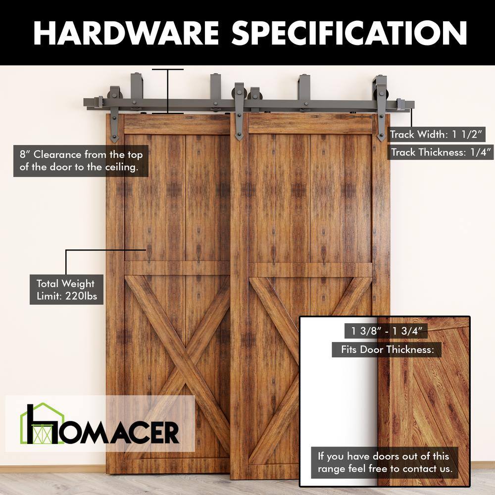 Rustic Black Double Track Bypass Sliding Barn Door Hardware Kit, 9ft