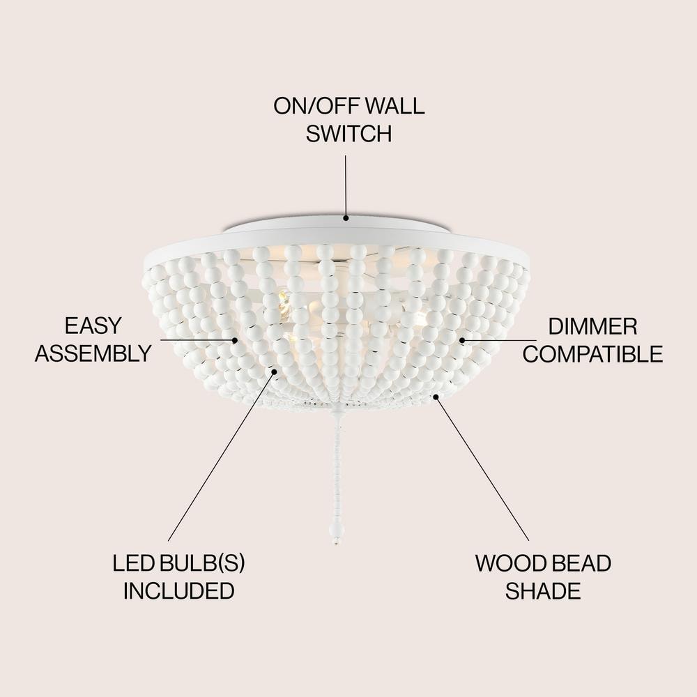 Allison 15" White Wood Beaded LED Flush Mount Light