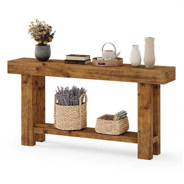 BYBLIGHT Turrella 63 in. Brown Rectangle Solid Wood Console Table with ...