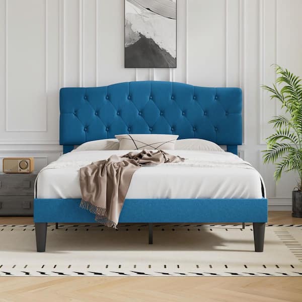 VECELO Bed Frame with Button, Blue Wood Frame Slat Support Easy Assembly - Full Platform Bed Frame With Upholstered Headboard
