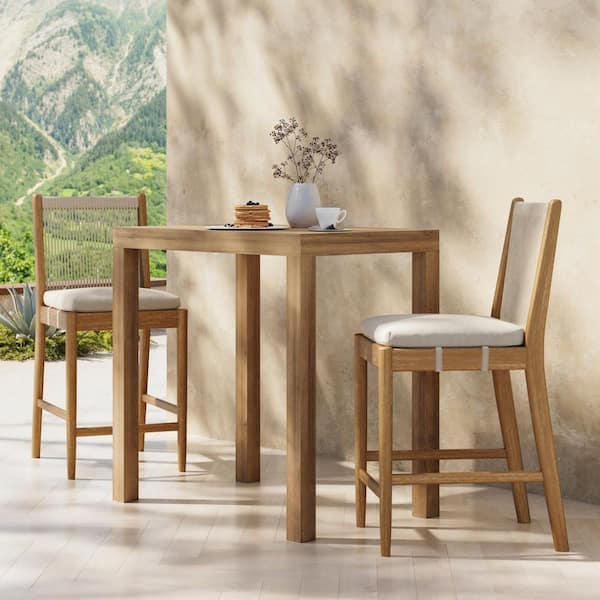 Kayden Light Brown Solid Wood Outdoor Bar Stool Counter Height with Light Gray Cushion and Woven Rope Backrest 2-Pack