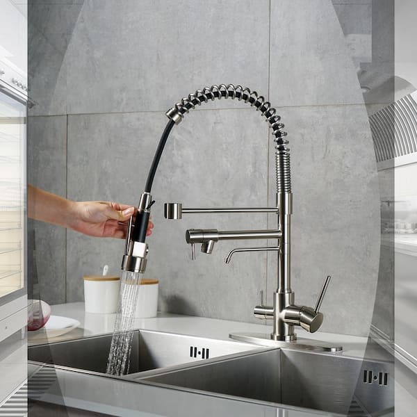 Spring Double Handle Pull Down Sprayer Kitchen Faucet with Drinking Water Outlet, Pot Filler Spray in Brass