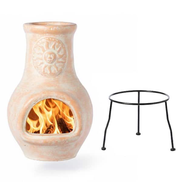 Beige Clay Chiminea Outdoor Fireplace Sun Design Charcoal Burning Fire Pit with Sturdy Metal Stand, Cozy Nights Fire Pit