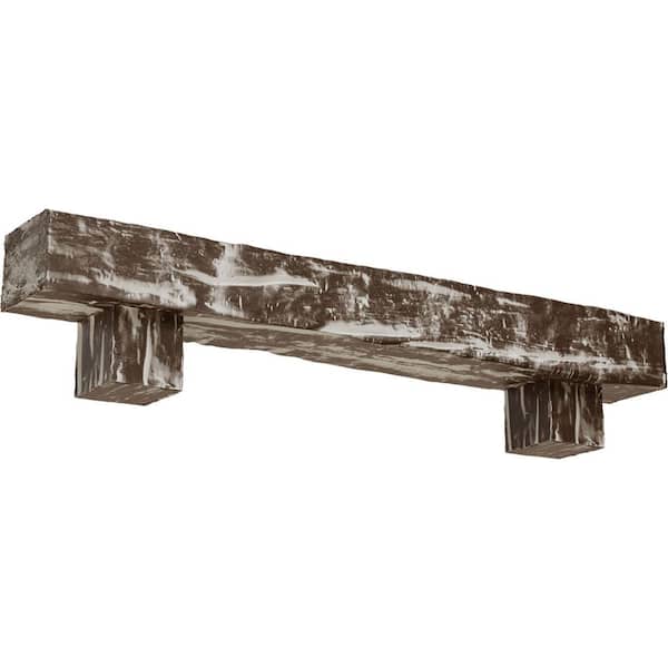 Ekena Millwork 6 in. x 8 in. x 3 ft. Riverwood Faux Wood Fireplace Mantel Kit with Alamo Corbels, Vintage Mahogany