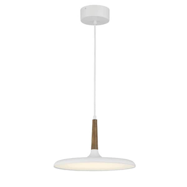 Minka Lavery 1-Light Matte White and Painted Wood Grain Cone Integrated LED Pendant Light with Textured White Shade