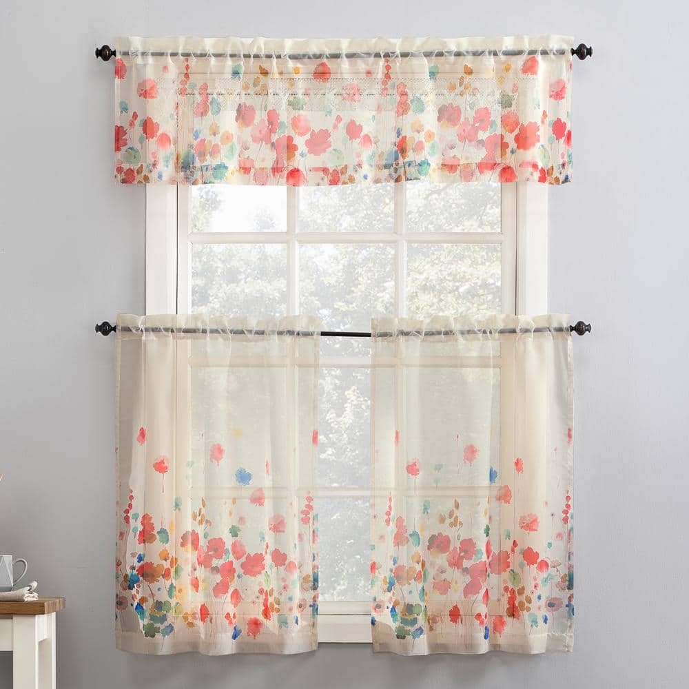 Poppy Red Floral Sheer Polyester Rod Pocket Kitchen Curtains, 54" x 24"