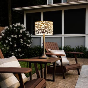 Lindley 30 in. Black Outdoor/Indoor Table Lamp with Off-White and Black Fabric Shade