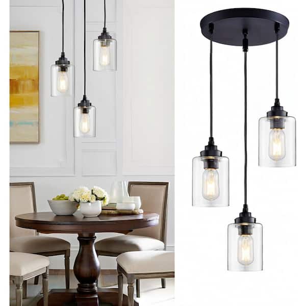 YANSUN 3-Light Black Vintage Pendant Light Ceiling Light with Clear Glass Shades for Kitchen and Dining Room