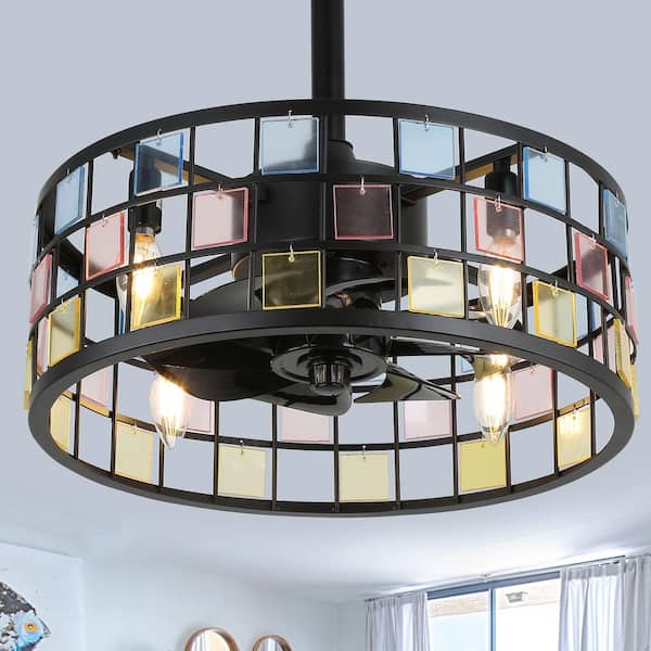 Oaks Aura Coronel 18 in. Indoor Black DIY Tiffany Stained Glass Ceiling Fan with Lights, Industrial 3-Speed Ceiling Fan w/Remote