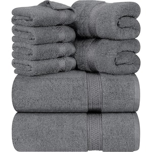 8-Piece Premium Towel with 2 Bath Towels, 2 Hand Towels and 4 Wash Cloths, 600 GSM 100% Cotton Highly Absorbent, Grey