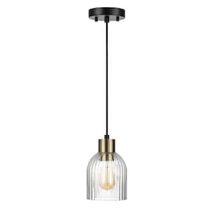 1-Light Matte Black Shaded Pendant Light with Clear Ribbed Glass Shade and Matte Brass Accent