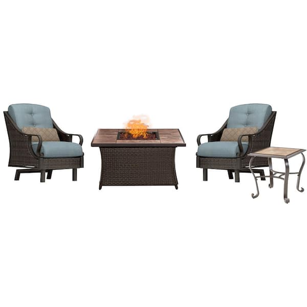 Hanover Ventura 3-Piece Patio Seating Set with Tile-Top Fire Pit with Ocean Blue Cushions