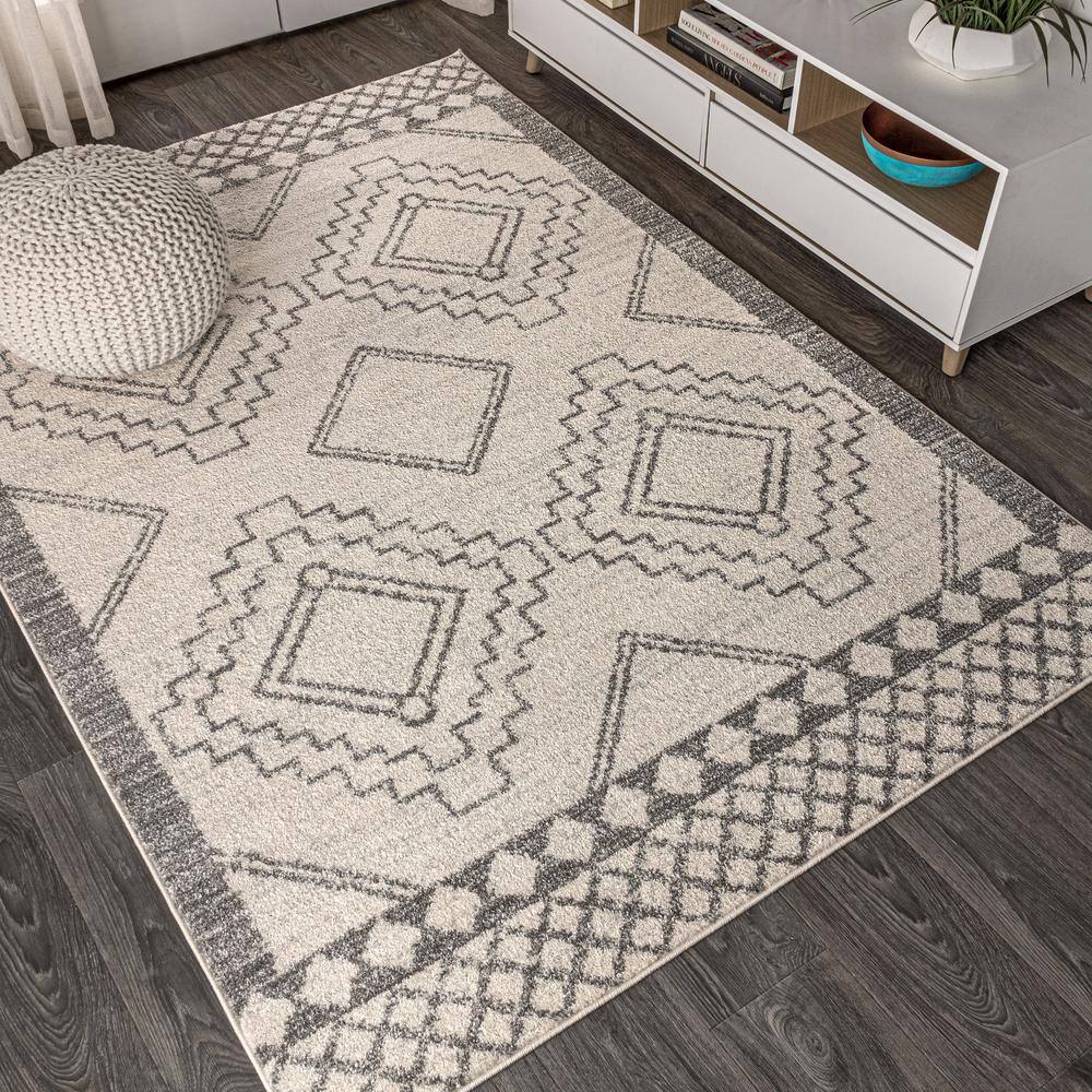 Cream and Gray Geometric Synthetic Square Area Rug