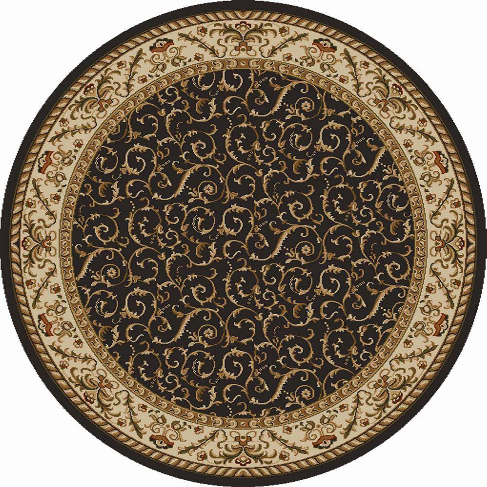 Como Brown 5 ft. Round Traditional Floral Scroll Area Rug