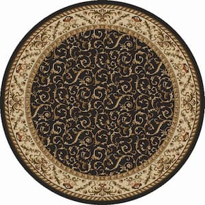 Como Brown 5 ft. Round Traditional Floral Scroll Area Rug