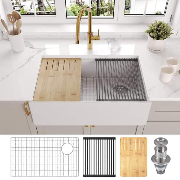 DEERVALLEY Gritty White 30 in. Farmhouse Apron Front Single Bowl Concrete Workstation Kitchen Sink with Accessories